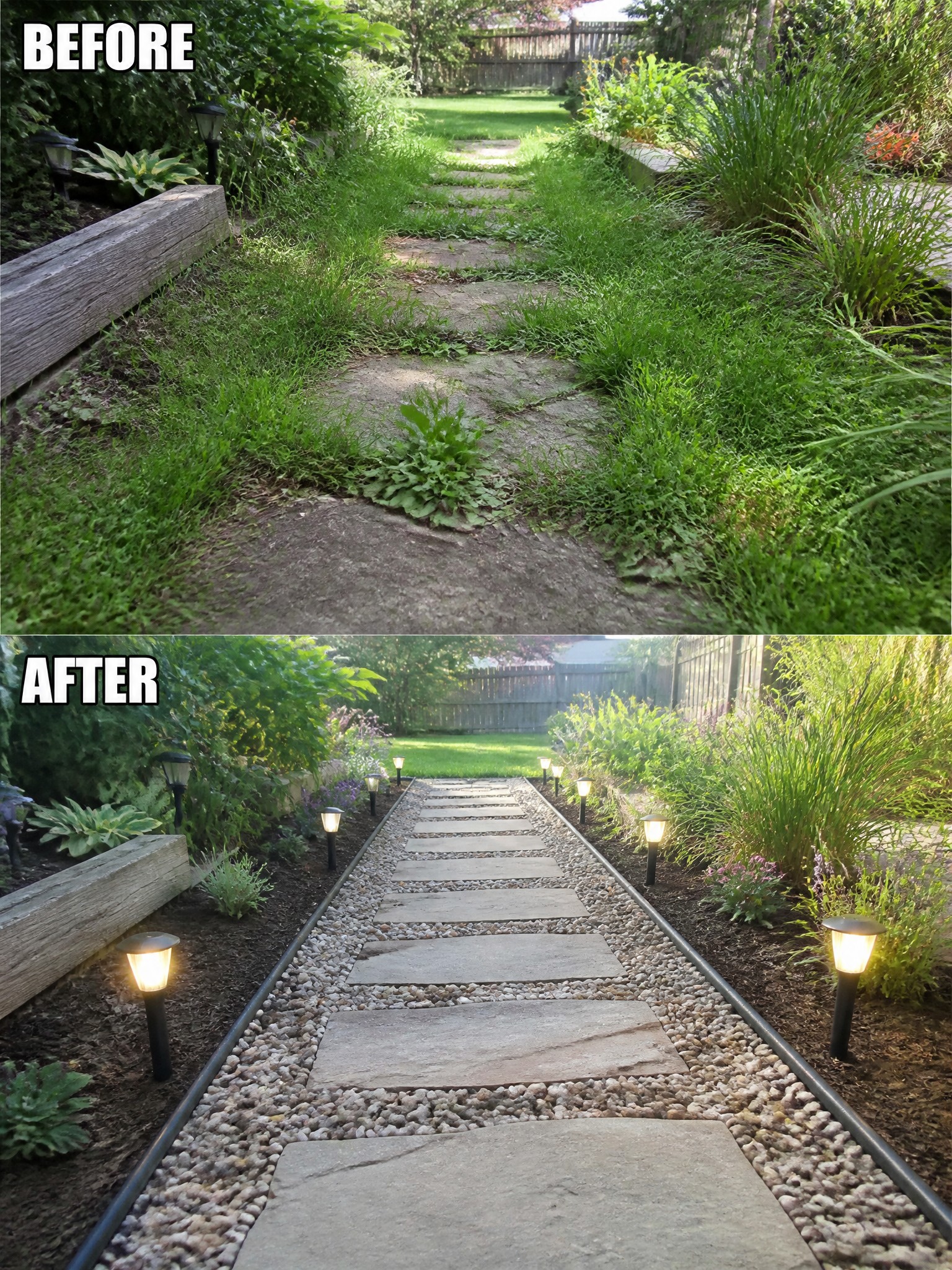 Before-and-after garden path: overgrown weeds versus clean gravel-lined stones with solar lights