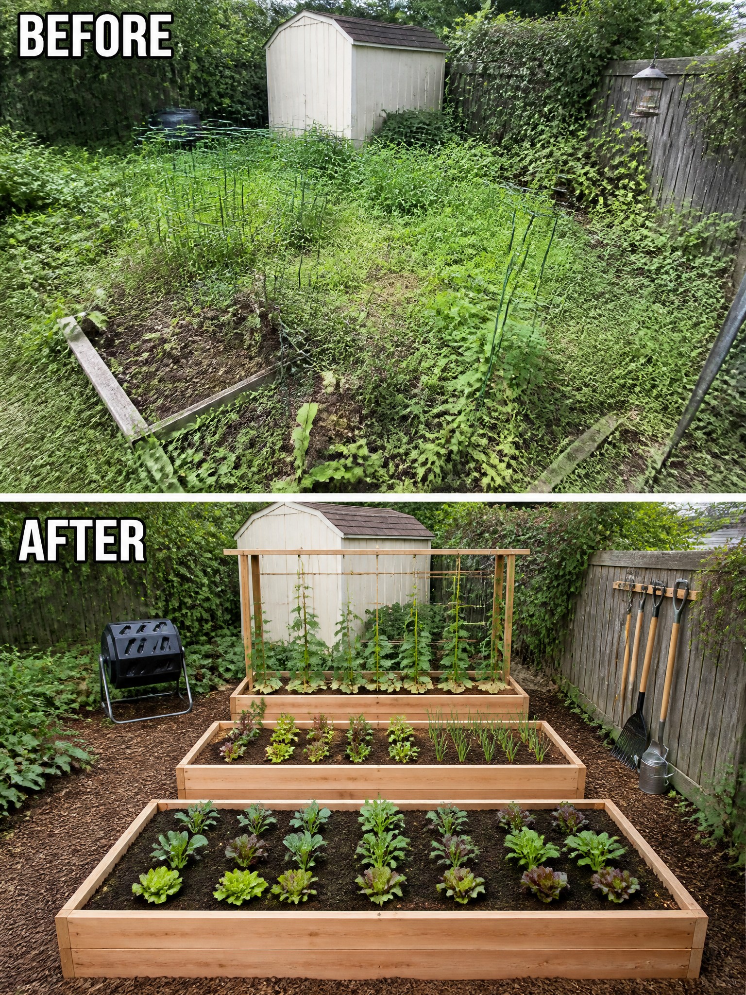 Split image of overgrown backyard before and tidy raised vegetable beds with trellises after.