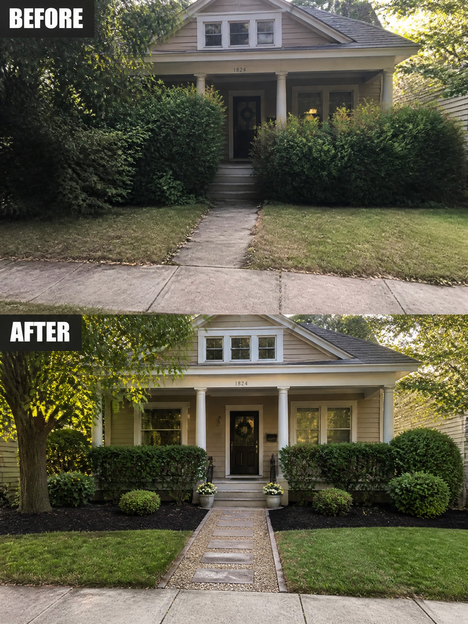 Before and after views of house front with renovated landscaping and stone pathway