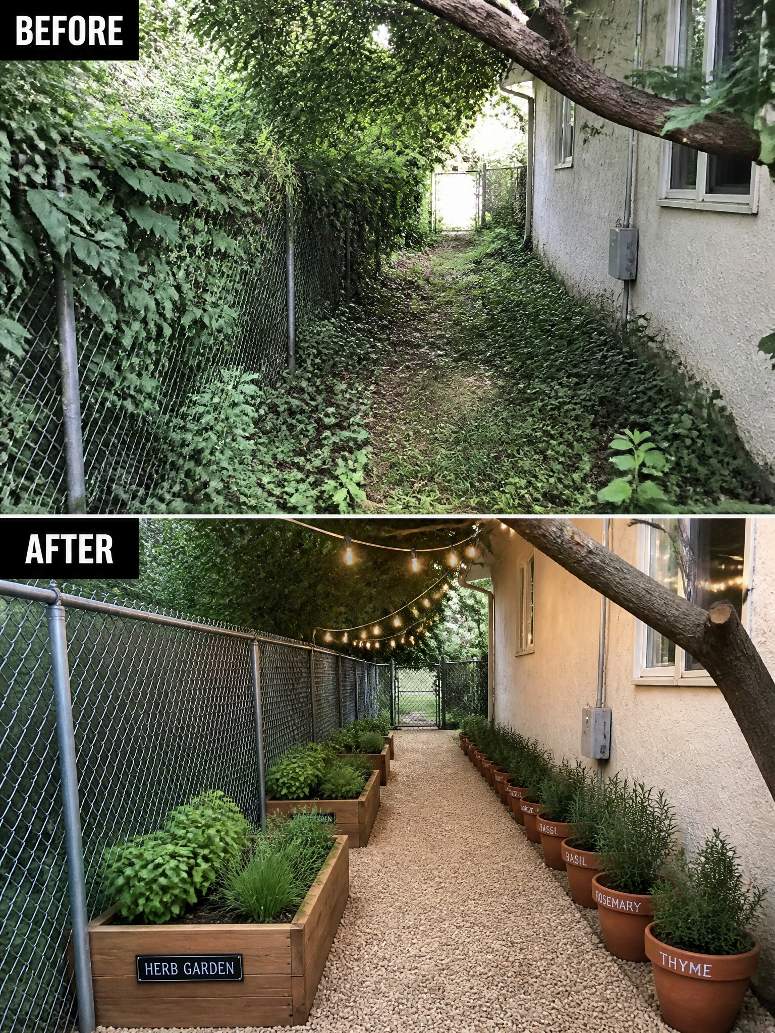 Before-and-after image of an overgrown side yard changed into a structured herb garden with raised wooden beds along a fence and potted plants lining a gravel path.