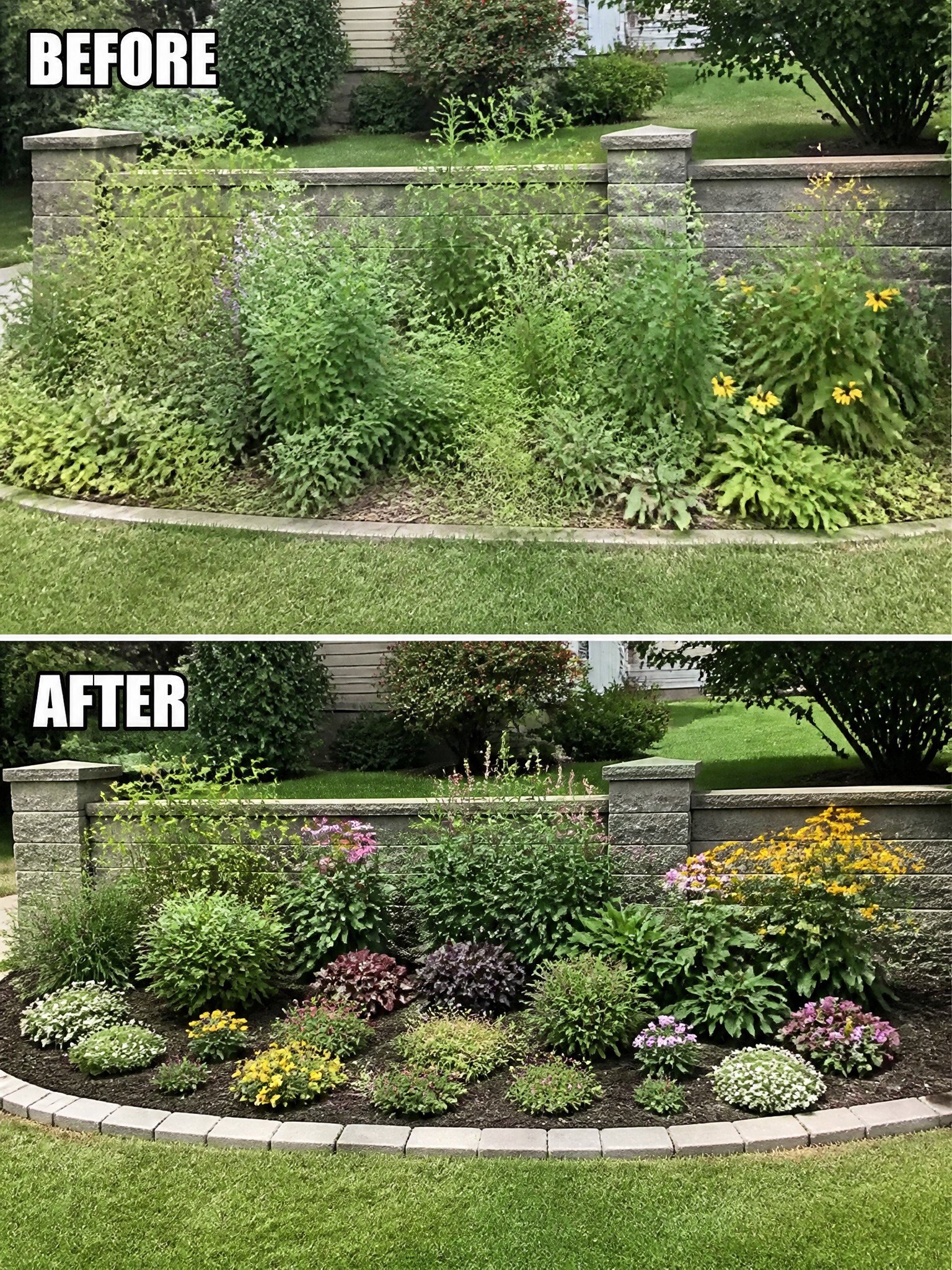 Before and after garden bed with stone retaining wall and colorful flowers