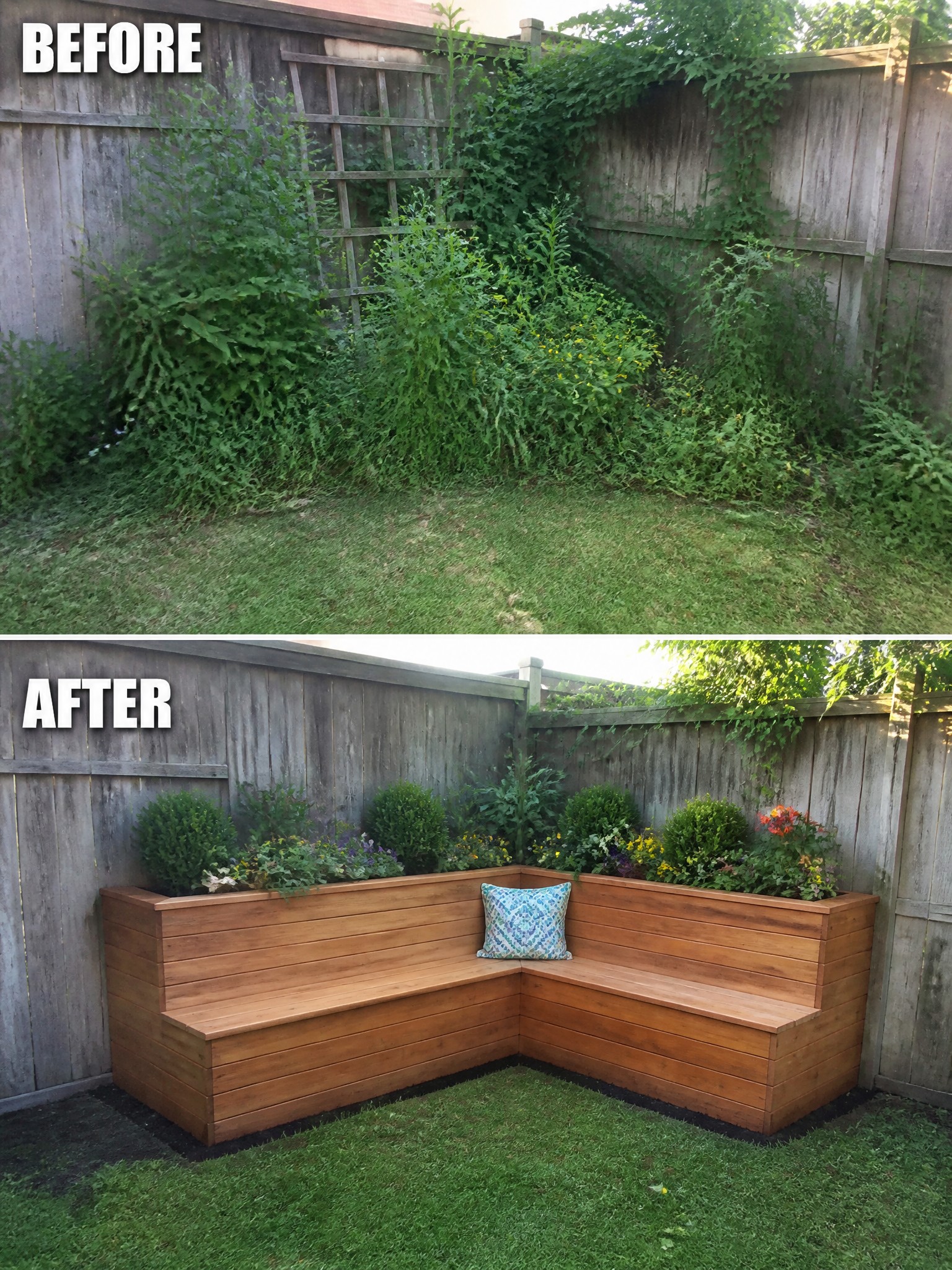 Before overgrown backyard and after with wooden bench, planters and flowers against fence.