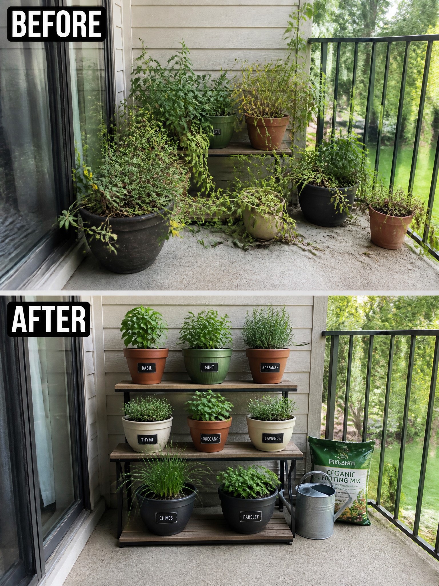 Before-and-after image of an overgrown balcony herb garden reorganized with a tiered wooden stand holding labeled pots.