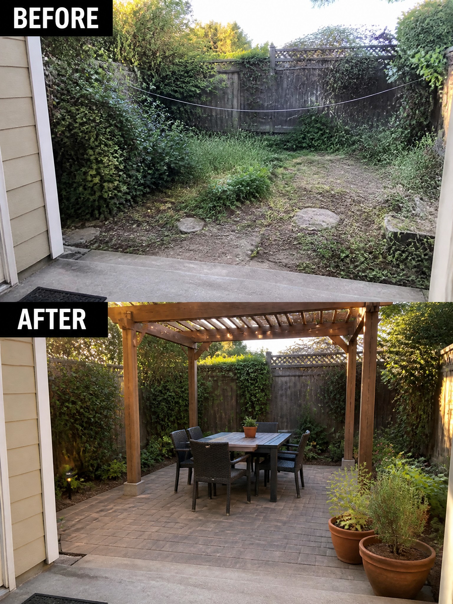 Before-and-after image of an overgrown backyard changed into a paved patio with a wooden pergola, dining set, and potted plants.
