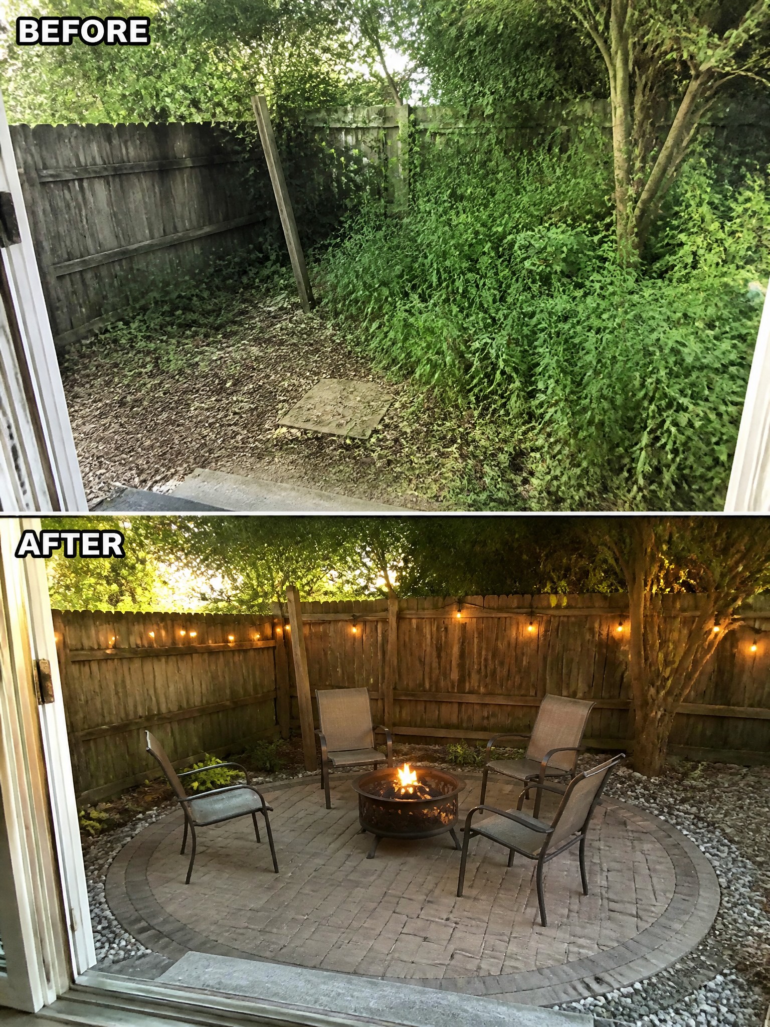 Before and after backyard transformation from overgrown weeds to fire pit patio with chairs