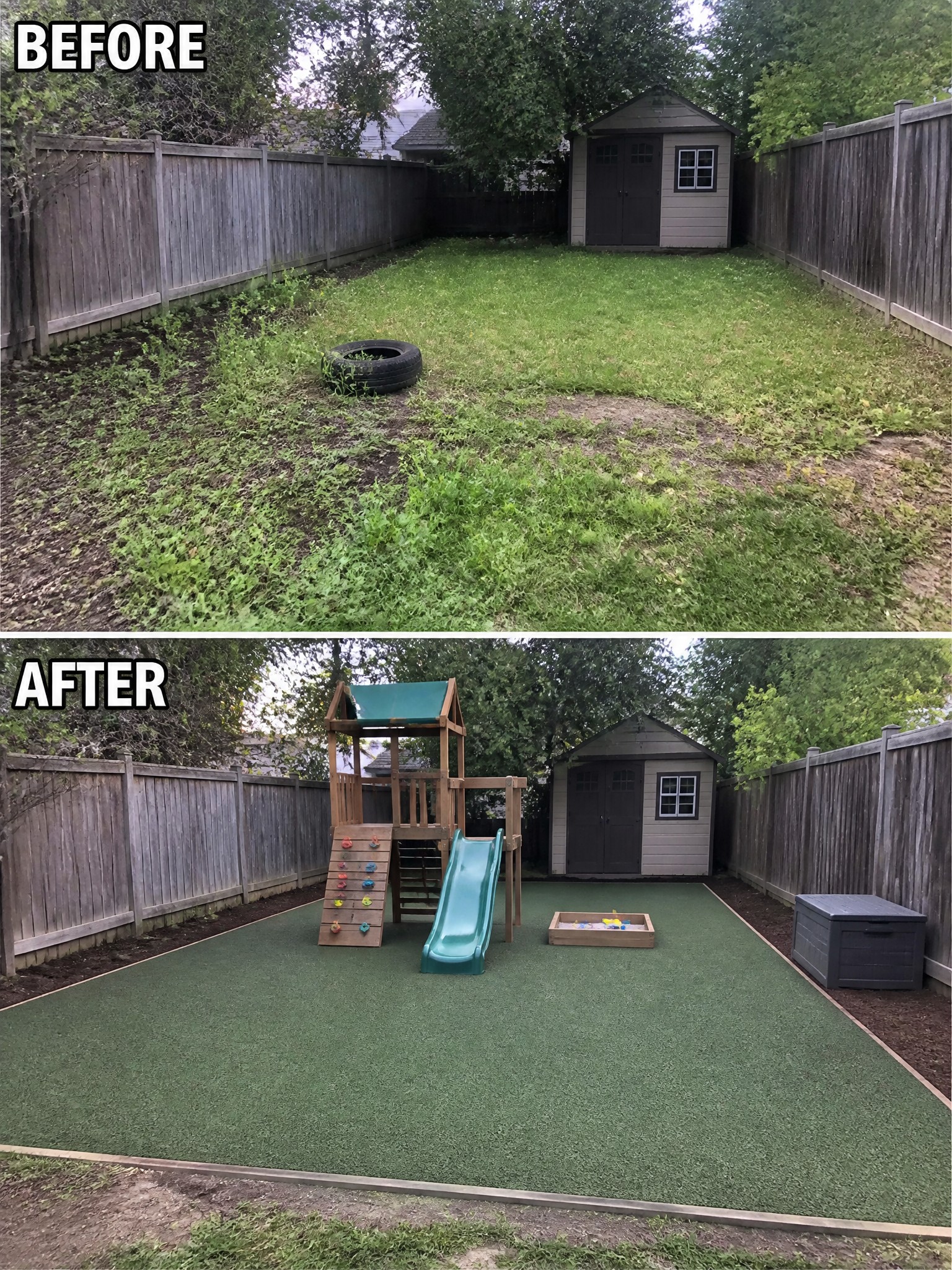 Before-and-after backyard: empty grass with tire transforms to turf playground with slide and shed