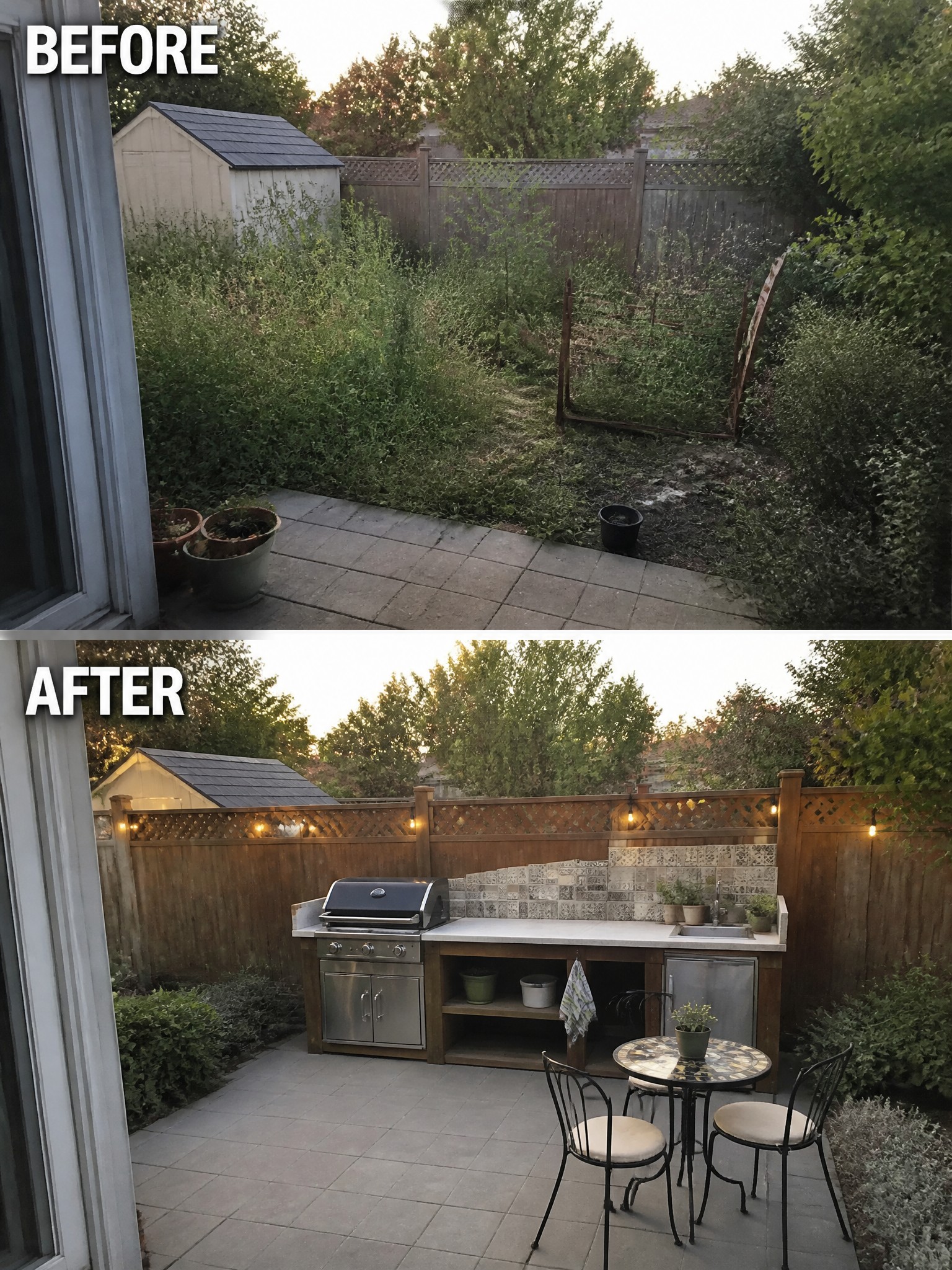 Before-and-after image of an overgrown backyard changed into a paved patio with an outdoor kitchen, dining table, and string lights along the fence.