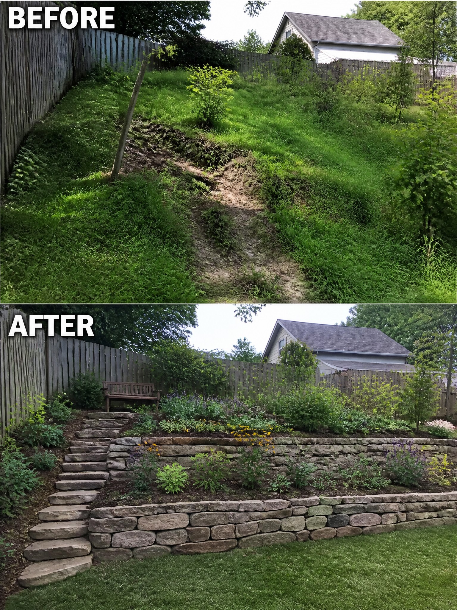 Before and after of sloped backyard turned into terraced stone garden with steps and flowers