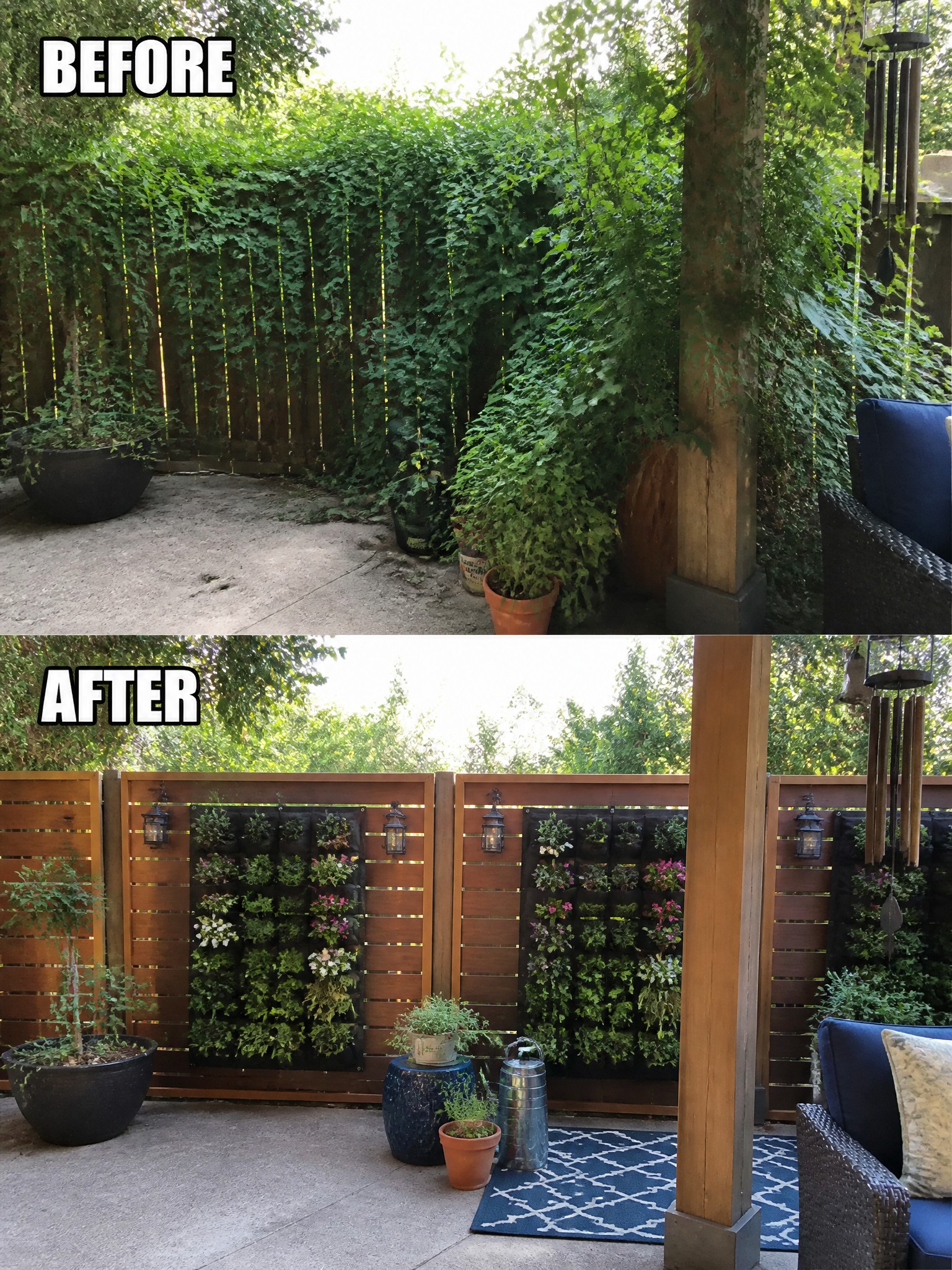 Before and after of patio fence: overgrown ivy transformed into vertical plant pockets with furniture