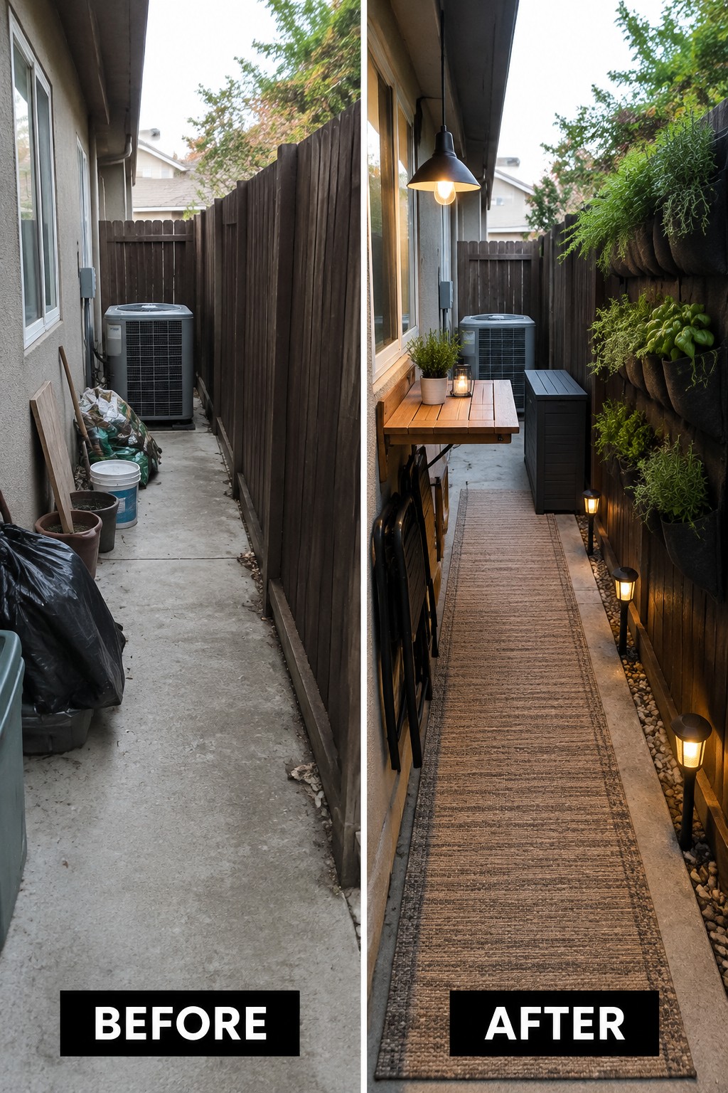 Before-and-after image of a cluttered narrow side yard transformed into a clean walkway with a runner rug and low path lights.