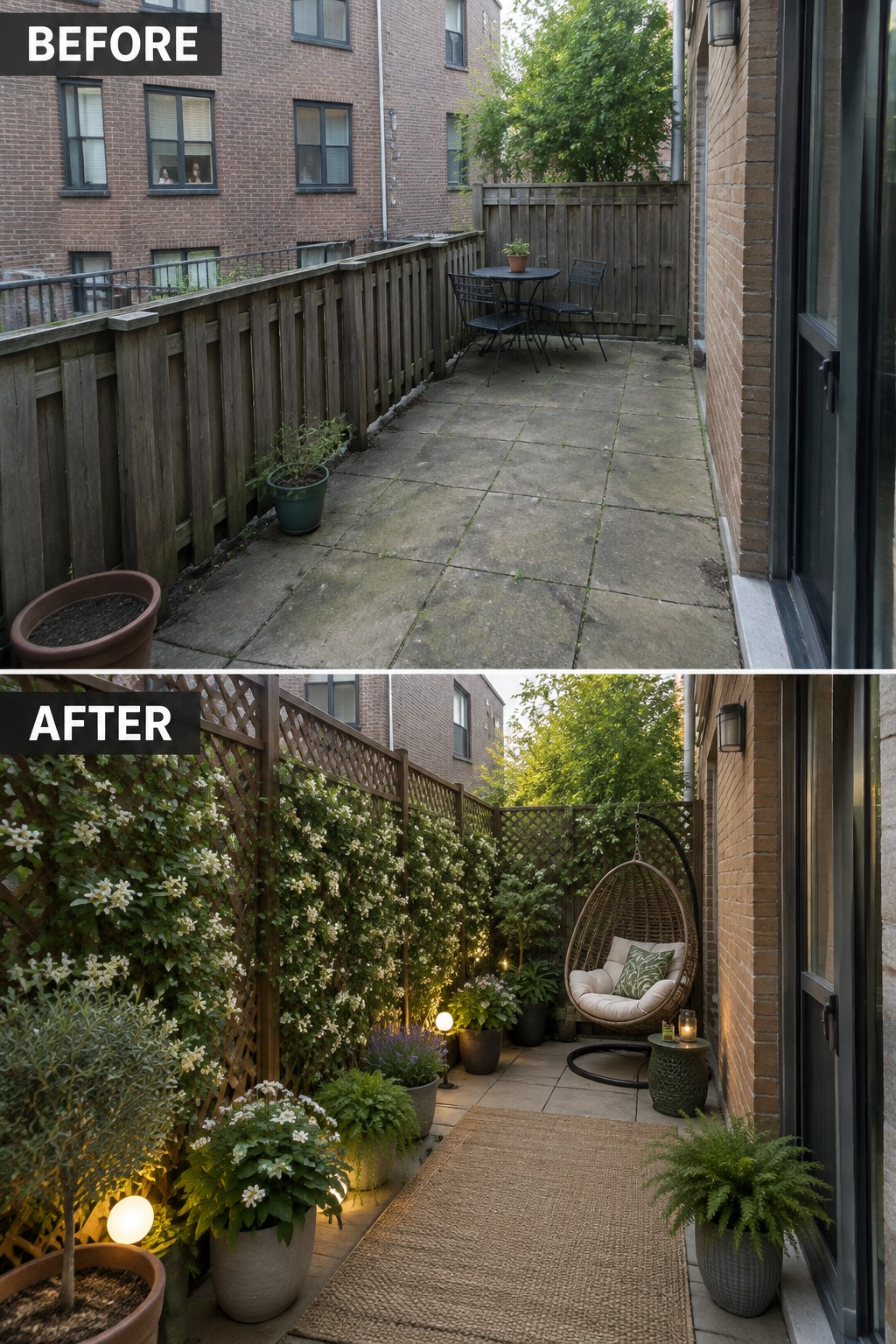 Before and after of a drab patio transformed into a lush plant-filled oasis with lights and chair.