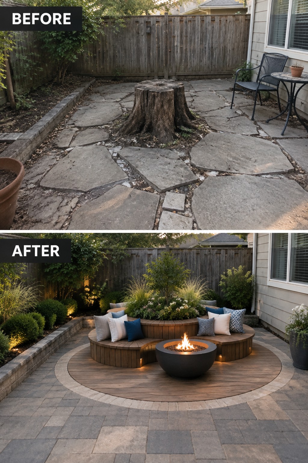 Before and after backyard patio with tree stump replaced by fire pit and seating