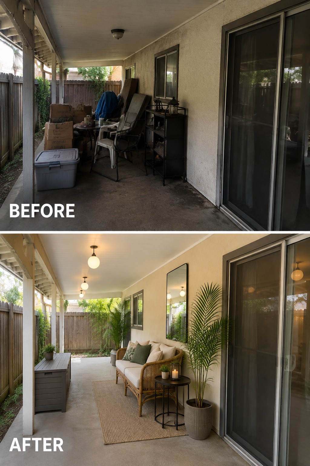 Before cluttered patio with boxes and chairs, after tidy porch with sofa, rug and plants.