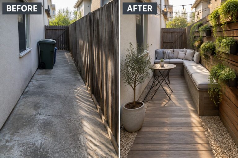 Before-after backyard makeover: concrete alley to wooden deck patio with sofa, lights and plants