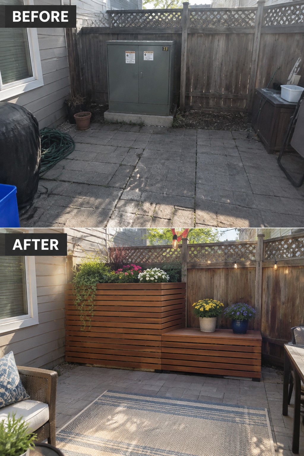 Before and after of backyard patio with wooden planter bench and string lights.