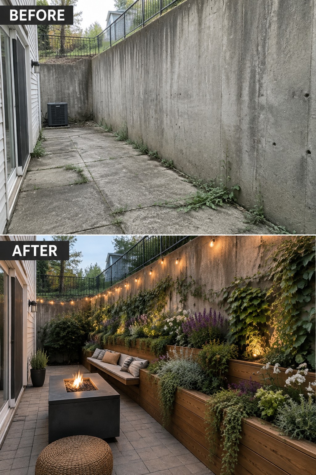 Before-and-after image of a bare concrete patio changed into an outdoor seating area with wooden planters, a bench, fire pit, and string lights.
