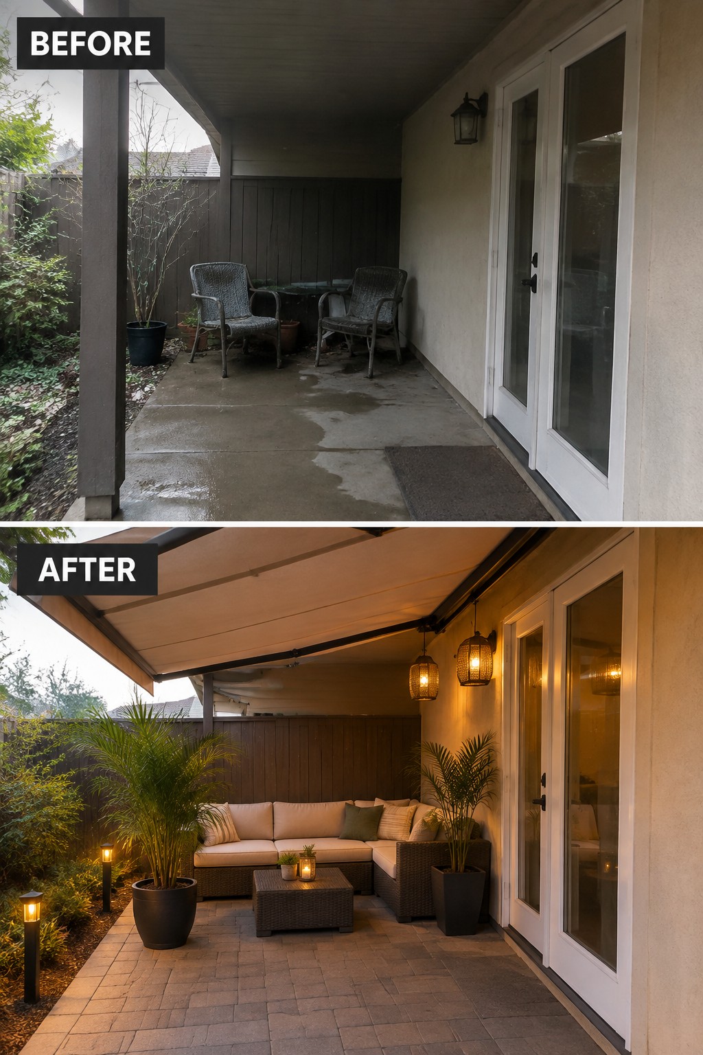 Before and after patio renovation with new sofa, pavers, plants, and warm lighting.