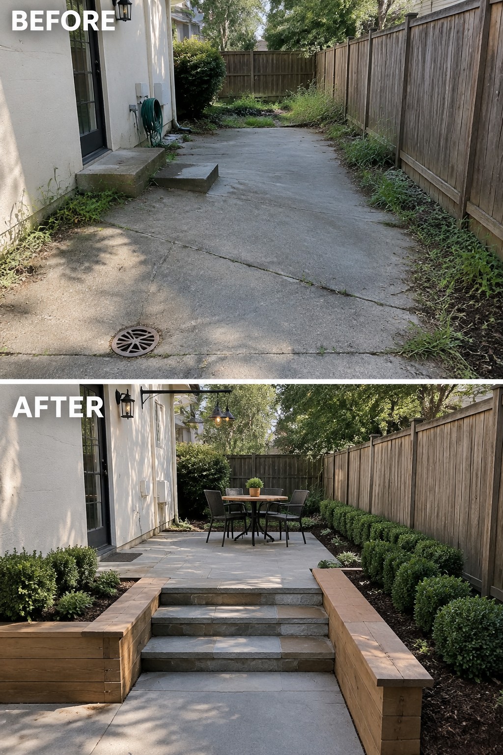 Before and after backyard renovation: concrete patio upgraded to stone with steps, plants, and furniture.