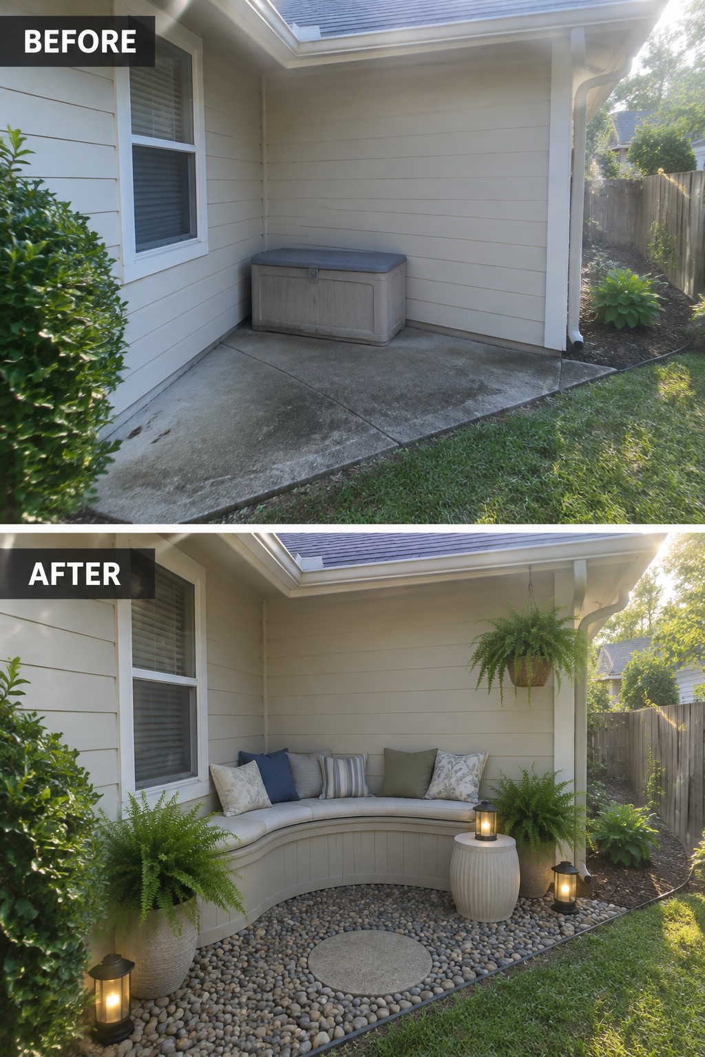 Before and after of backyard patio transformed with curved bench, plants, and lanterns