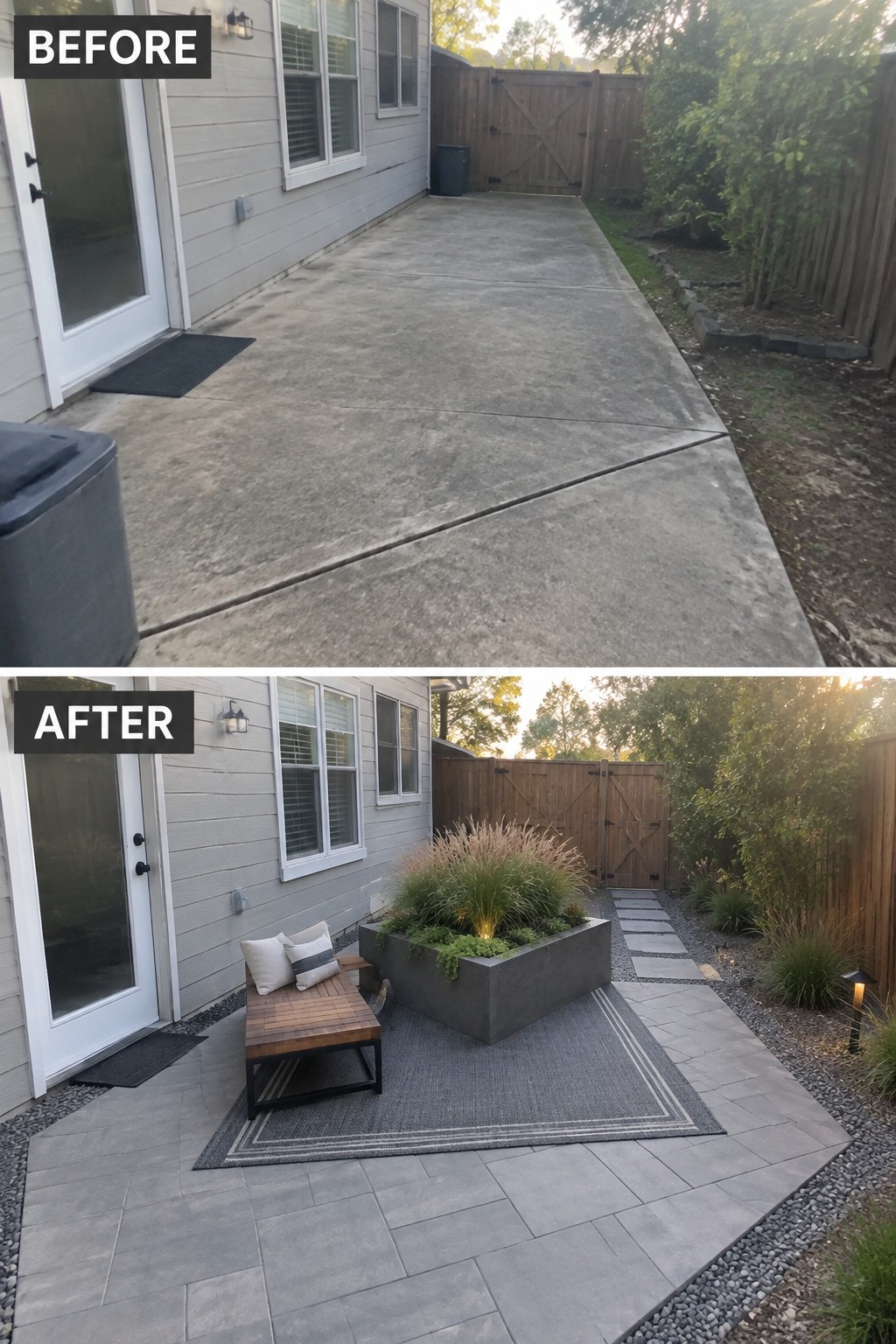 Before and after backyard patio with concrete replaced by pavers, rug, bench and planter.