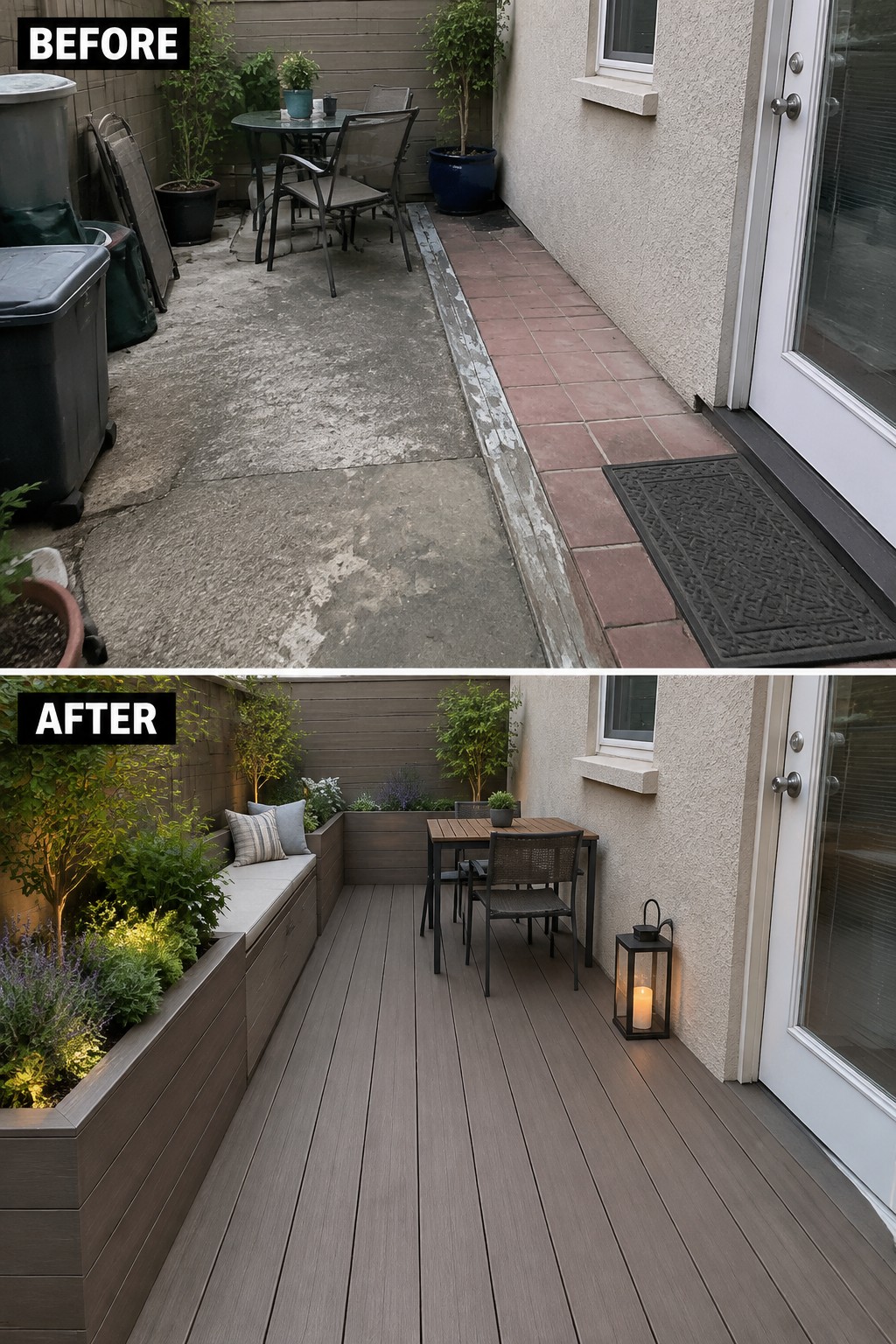 Before-and-after image of a cluttered concrete patio changed into a decked outdoor space with built-in seating and planters.