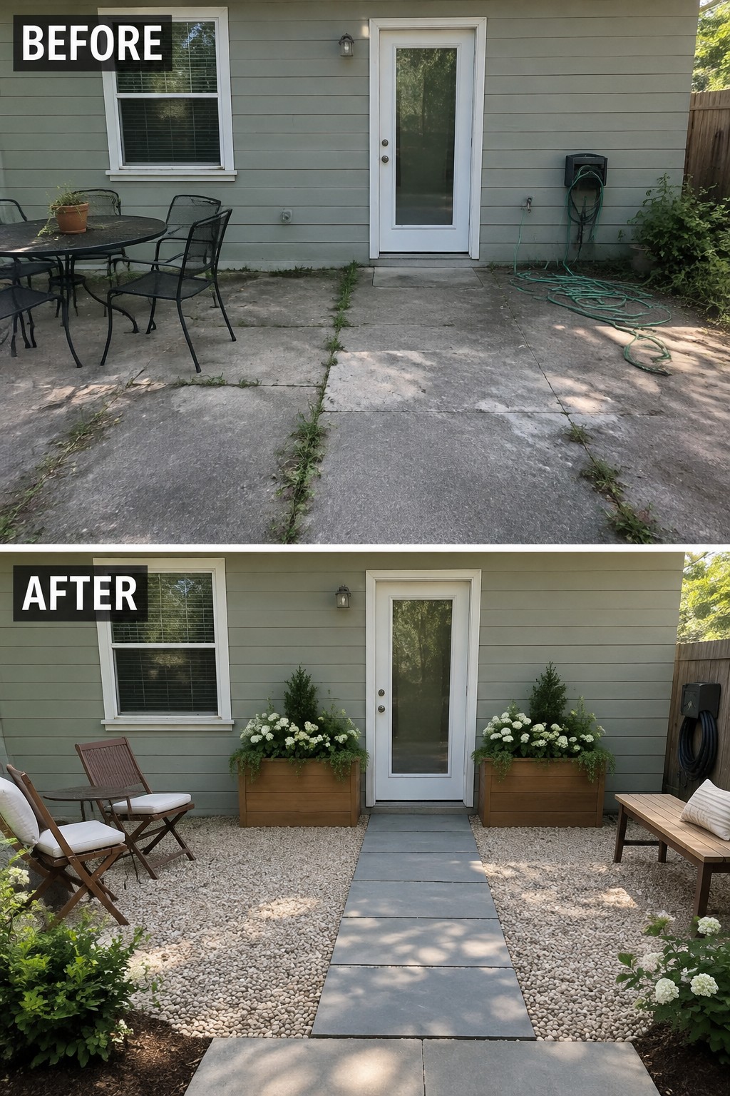 Before and after of cracked concrete patio transformed with gravel, planters, and stone path.