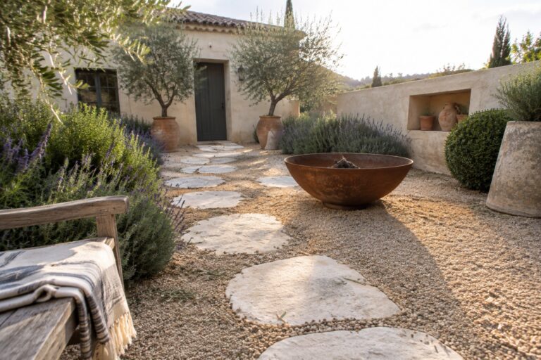 A gravel path with large stone stepping stones winds through lavender and potted olive trees beside a stucco house.