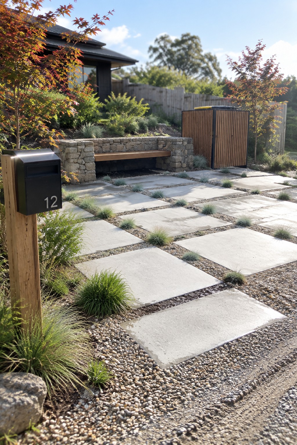 A garden path of large concrete pavers set in gravel with small plants growing in the gaps, next to a stone bench and wooden mailbox post.