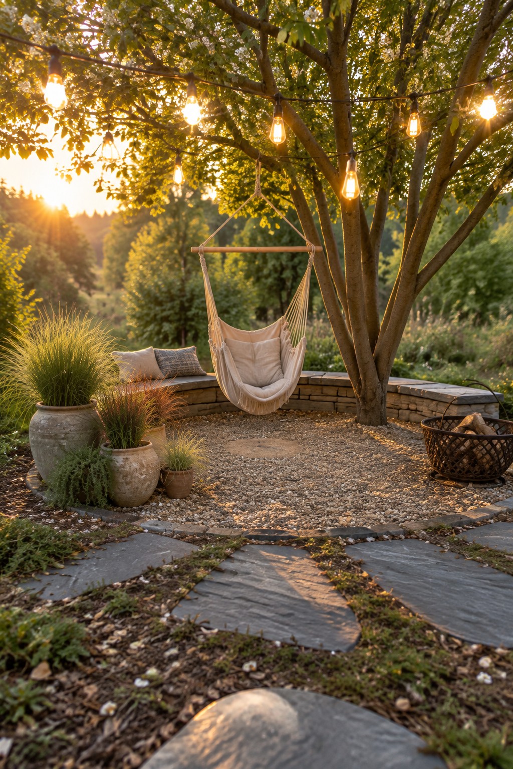 Hammock chair hangs from tree under string lights amid potted plants at sunset
