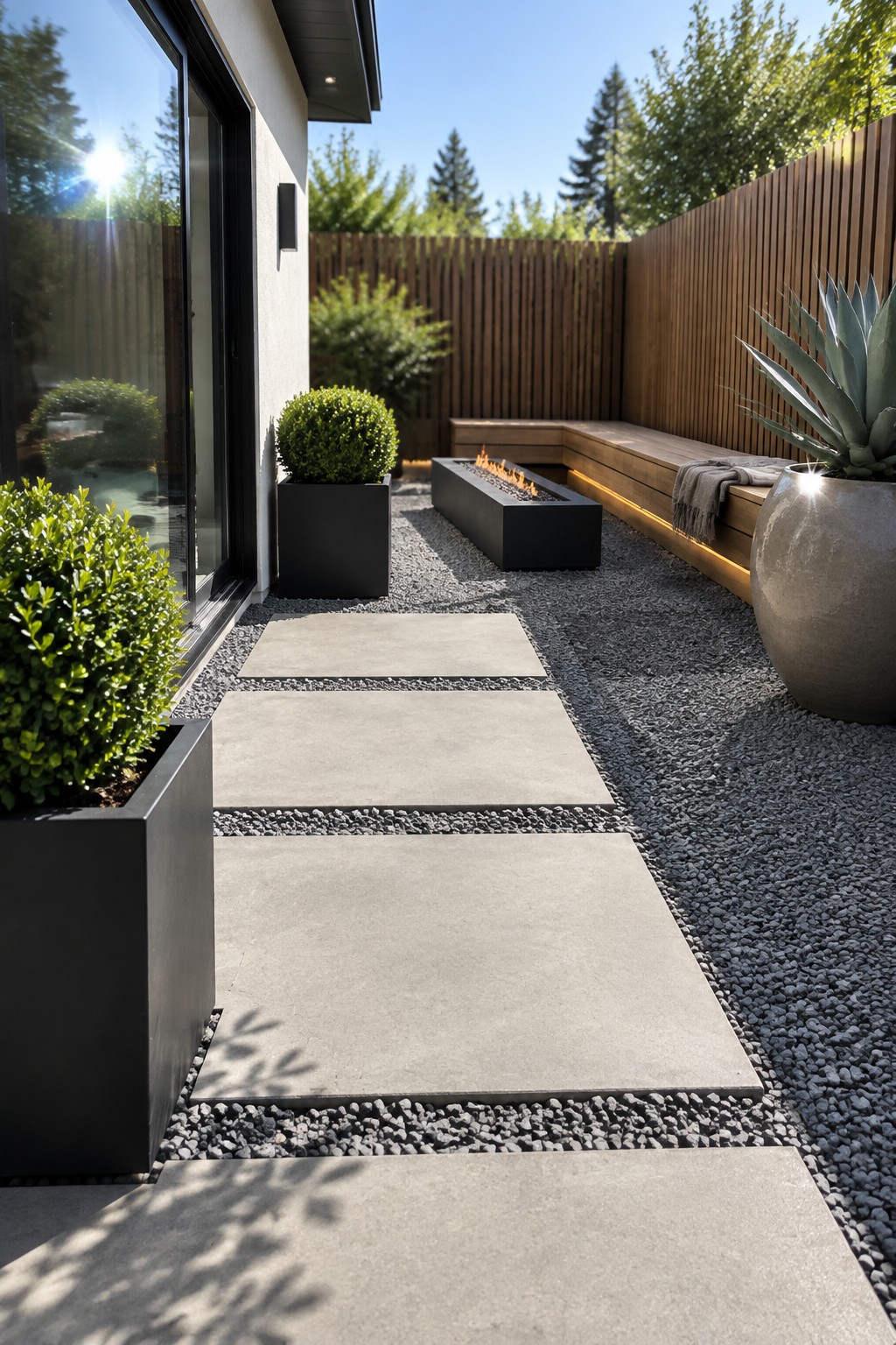 A backyard path made of large rectangular concrete pavers set into gravel, leading past black planters and a long wooden bench with a fire pit nearby.