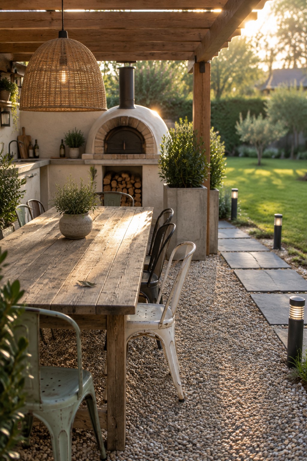 Rustic wooden table with metal chairs beside pizza oven on gravel patio