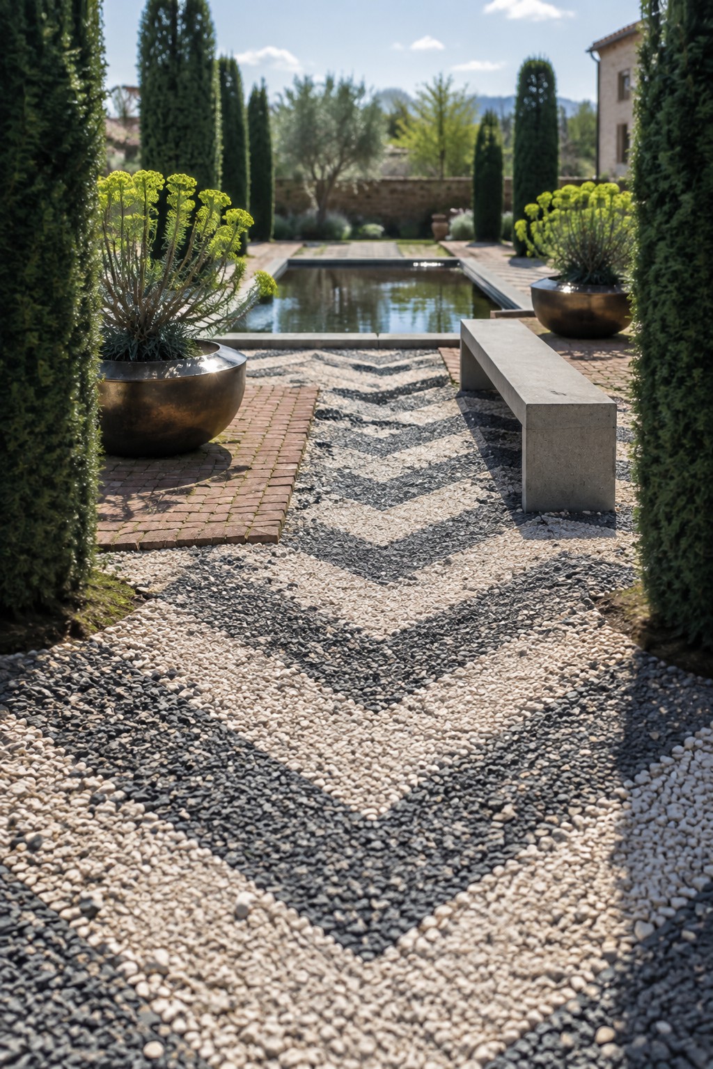 A garden path of light and dark gravel arranged in a chevron pattern leads toward a rectangular pool, flanked by potted plants and a concrete bench.