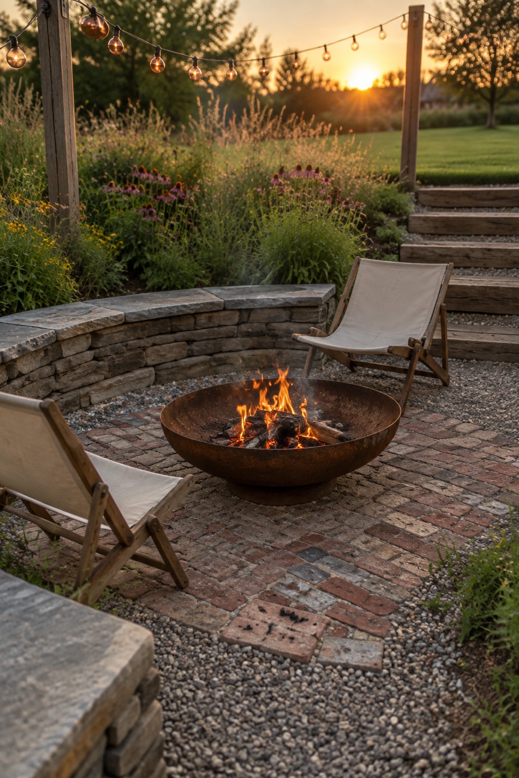 A round metal fire pit rests on a patio of brick pavers and gravel, with two canvas chairs, a curved stone wall, and string lights overhead at sunset.