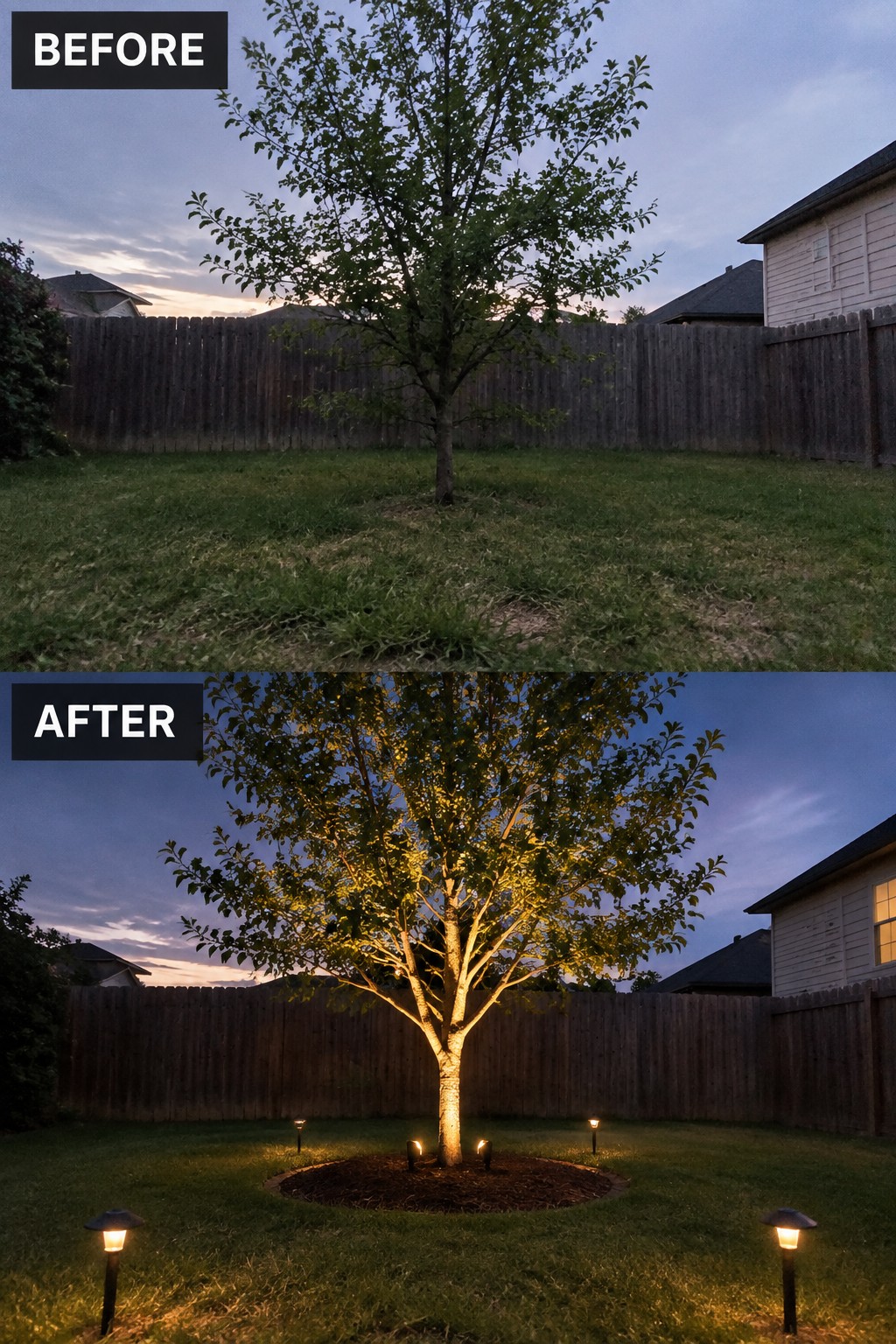 Before and after of backyard tree with added trunk and ground spotlights at dusk