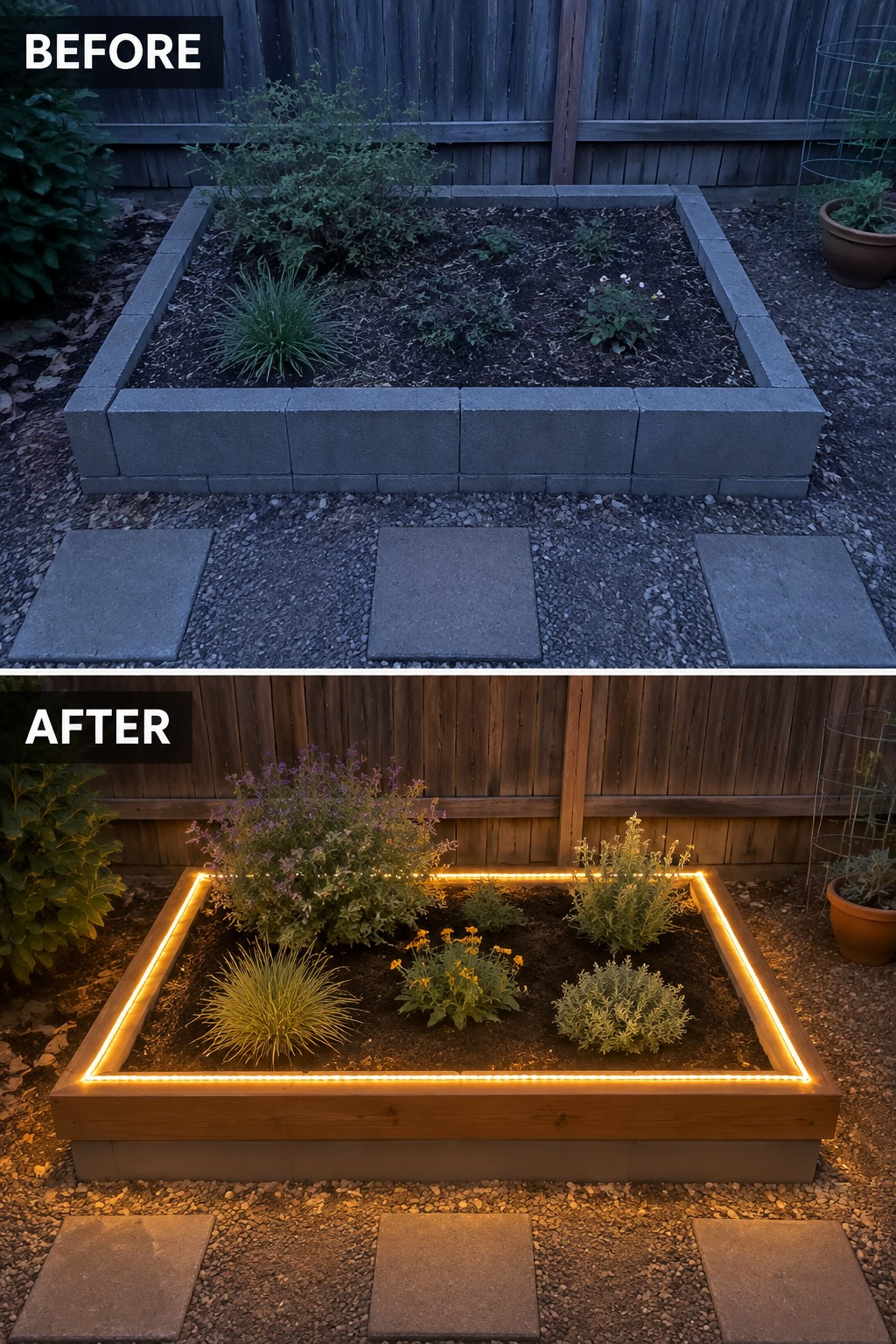 Before-and-after image of a raised garden bed updated with a glowing LED light border.