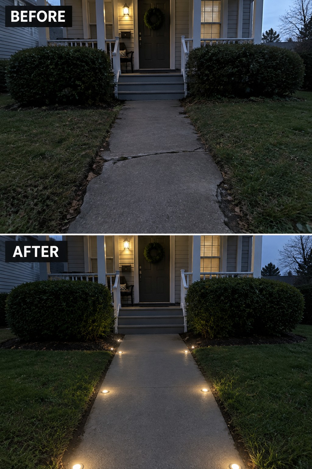 Before-and-after view of walkway with added glowing pathway lights at dusk