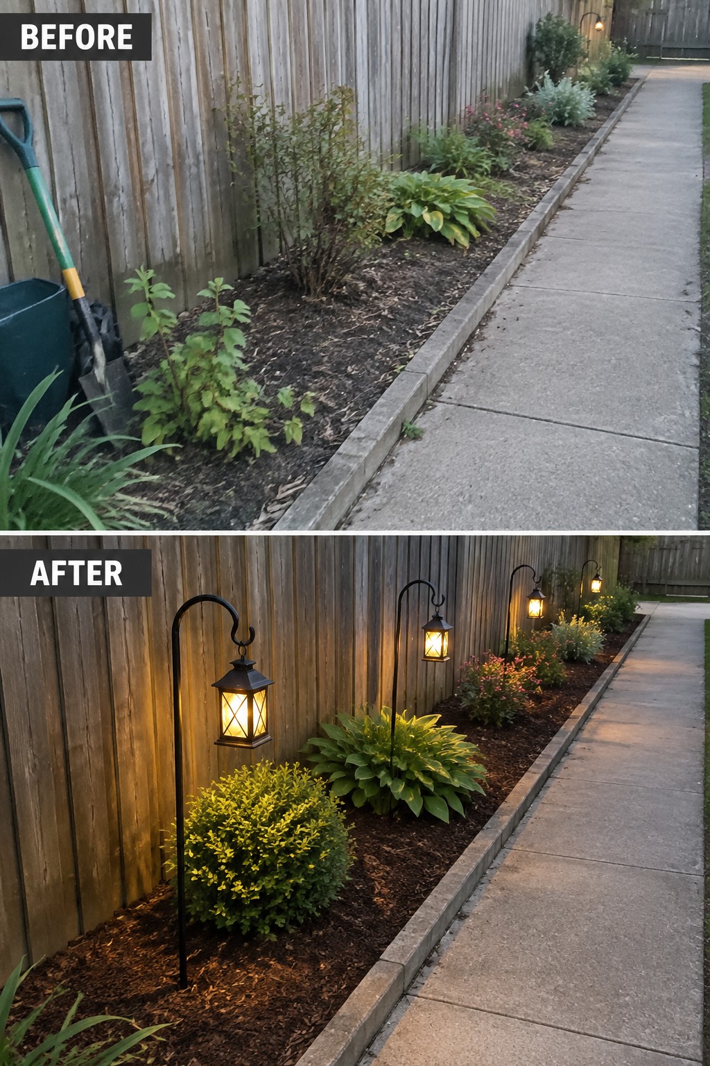 Before-and-after garden bed along fence with added glowing black lantern lights and plants