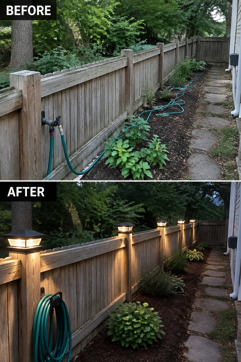 Before-and-after backyard fence with solar lights, coiled hose, and mulched plants.