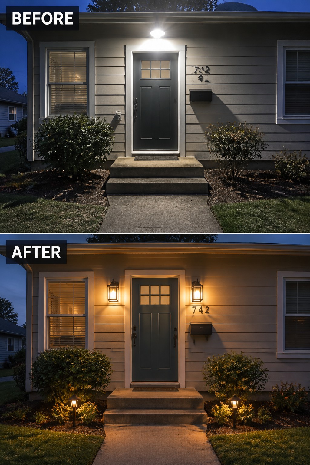 Before-and-after house entrance with single harsh light changed to warm lantern fixtures at night.