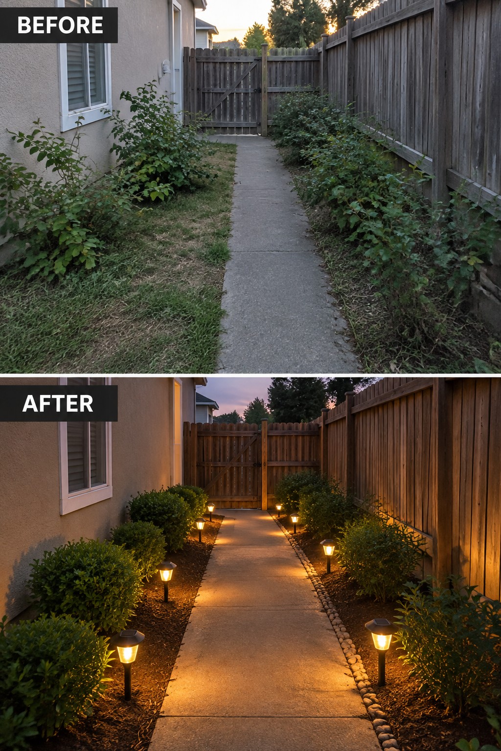 Before-and-after image of a narrow side yard concrete path updated with solar path lights, trimmed shrubs, and pebble edging.