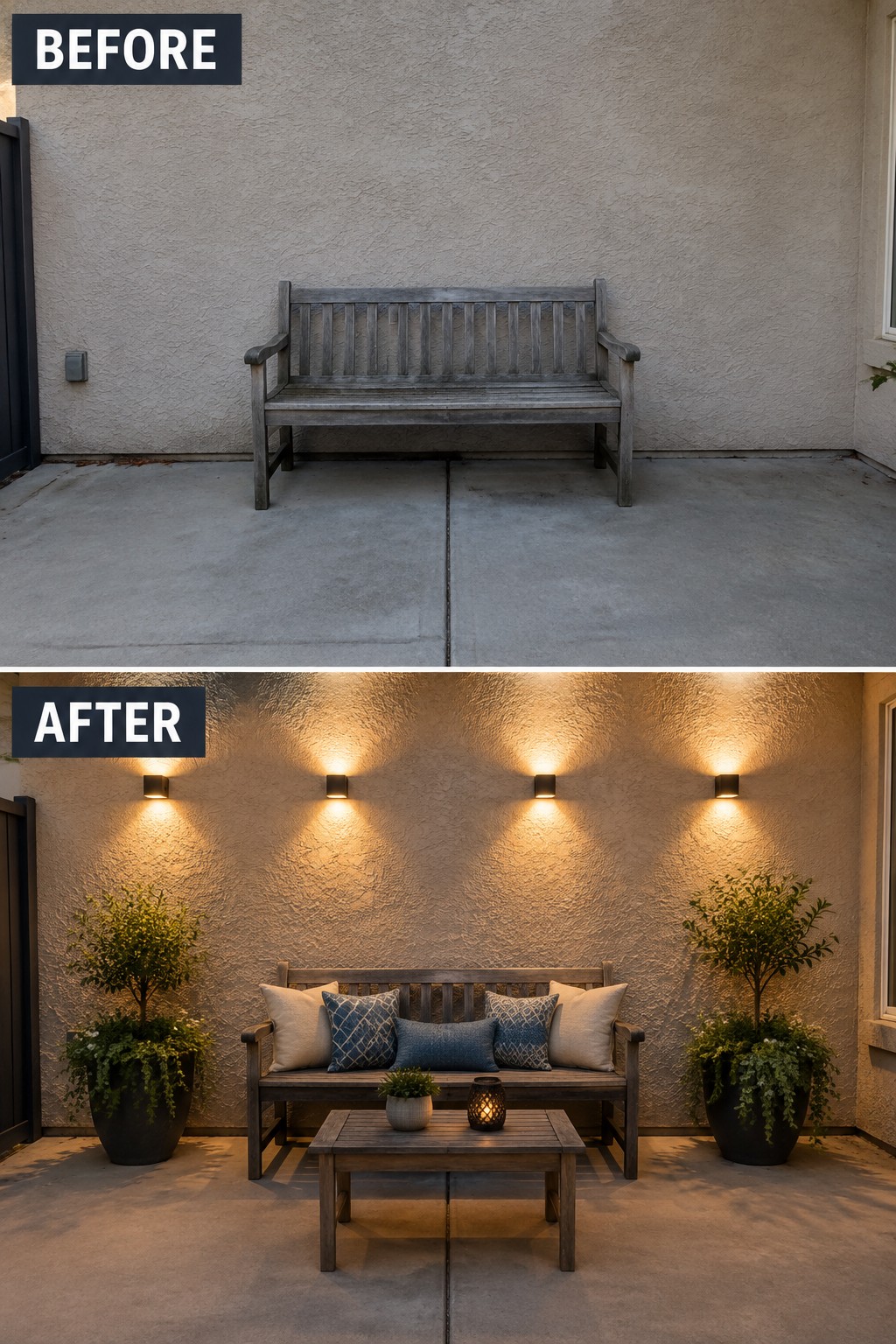 Before-and-after image of a plain concrete patio with a bench changed by adding four wall-mounted lights, cushions on the bench, a small table, and potted plants.