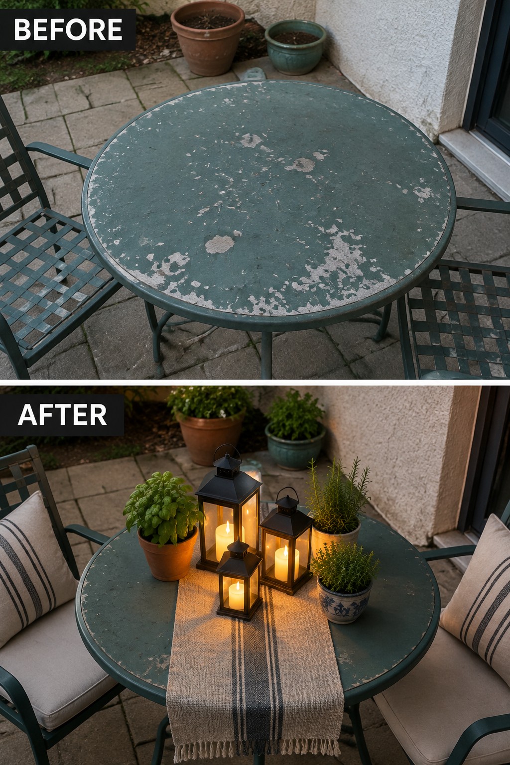 Before and after of peeling green patio table with lanterns, runner, and plants
