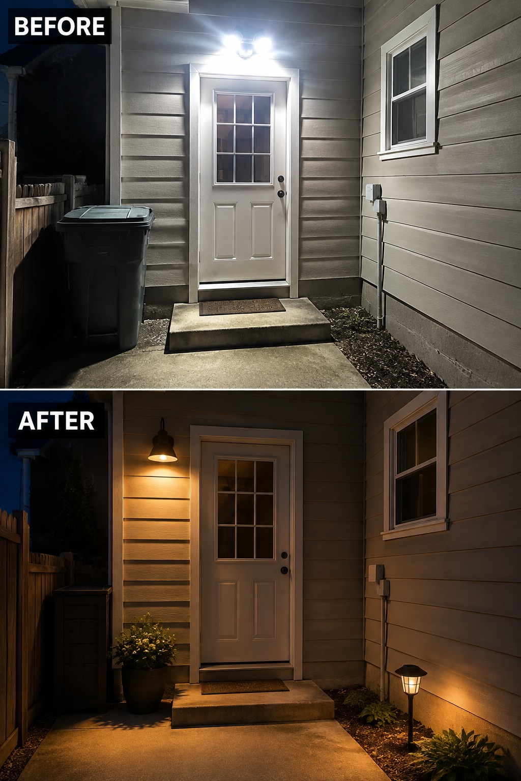 Split image of before-and-after house entrance with changed outdoor lighting at night