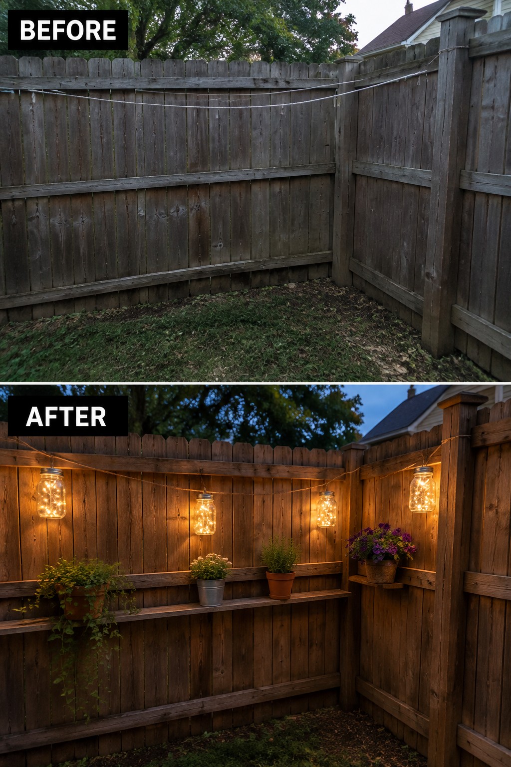 Before and after of wooden fence with glowing mason jars and potted plant shelves.