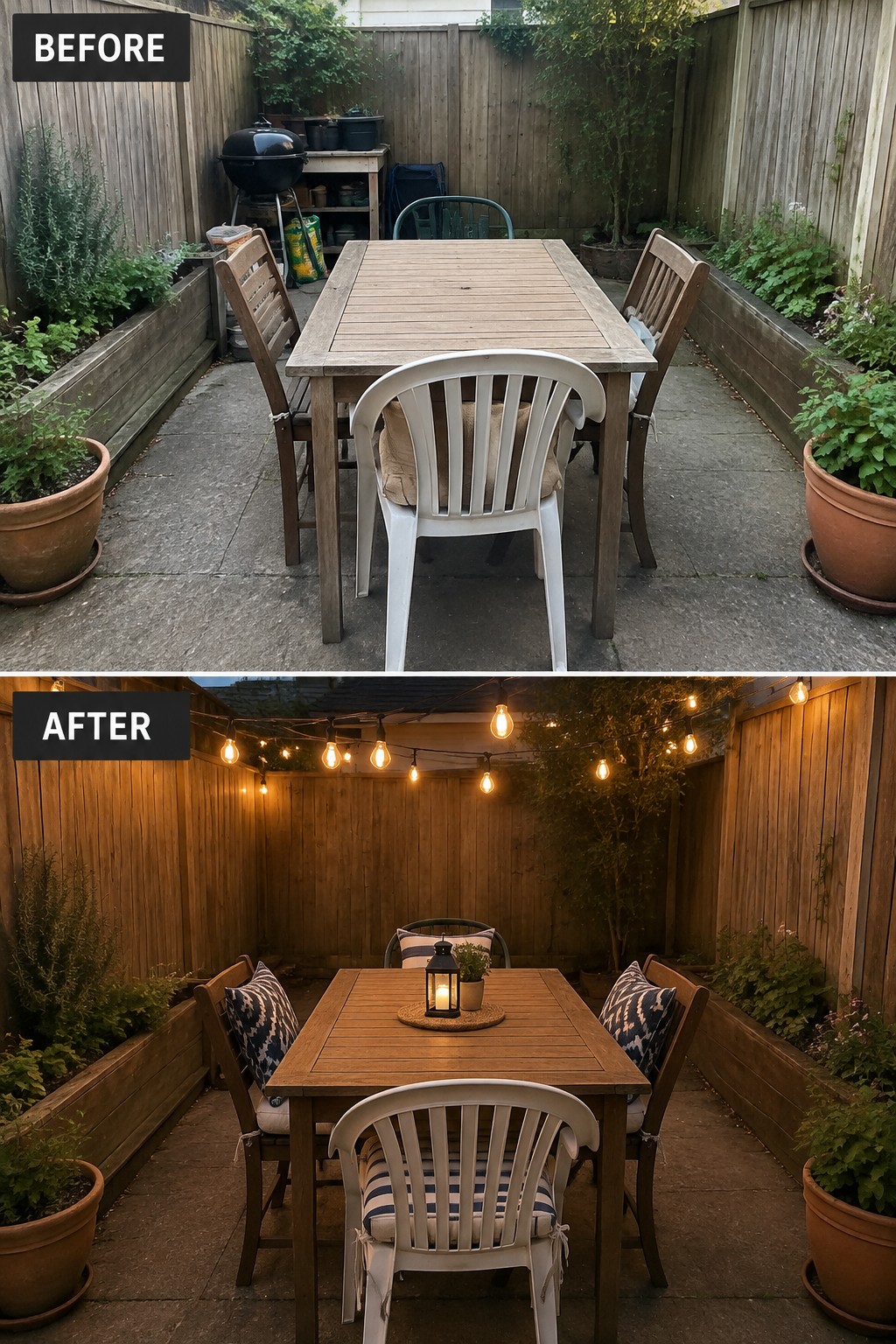 Before and after of backyard patio with string lights, cushions and lantern at night.