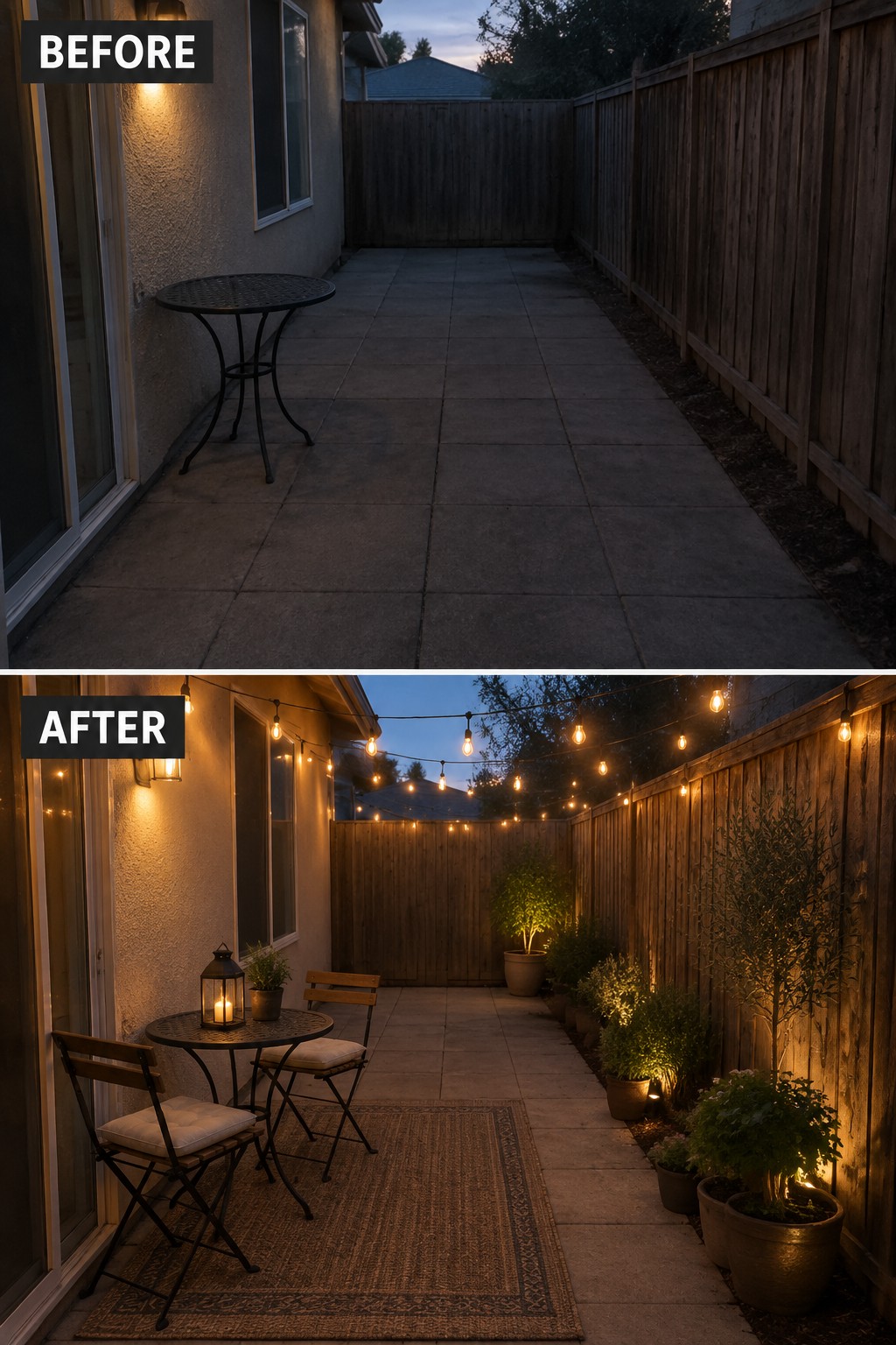 Before-and-after patio with string lights, bistro set, rug, and potted plants added.