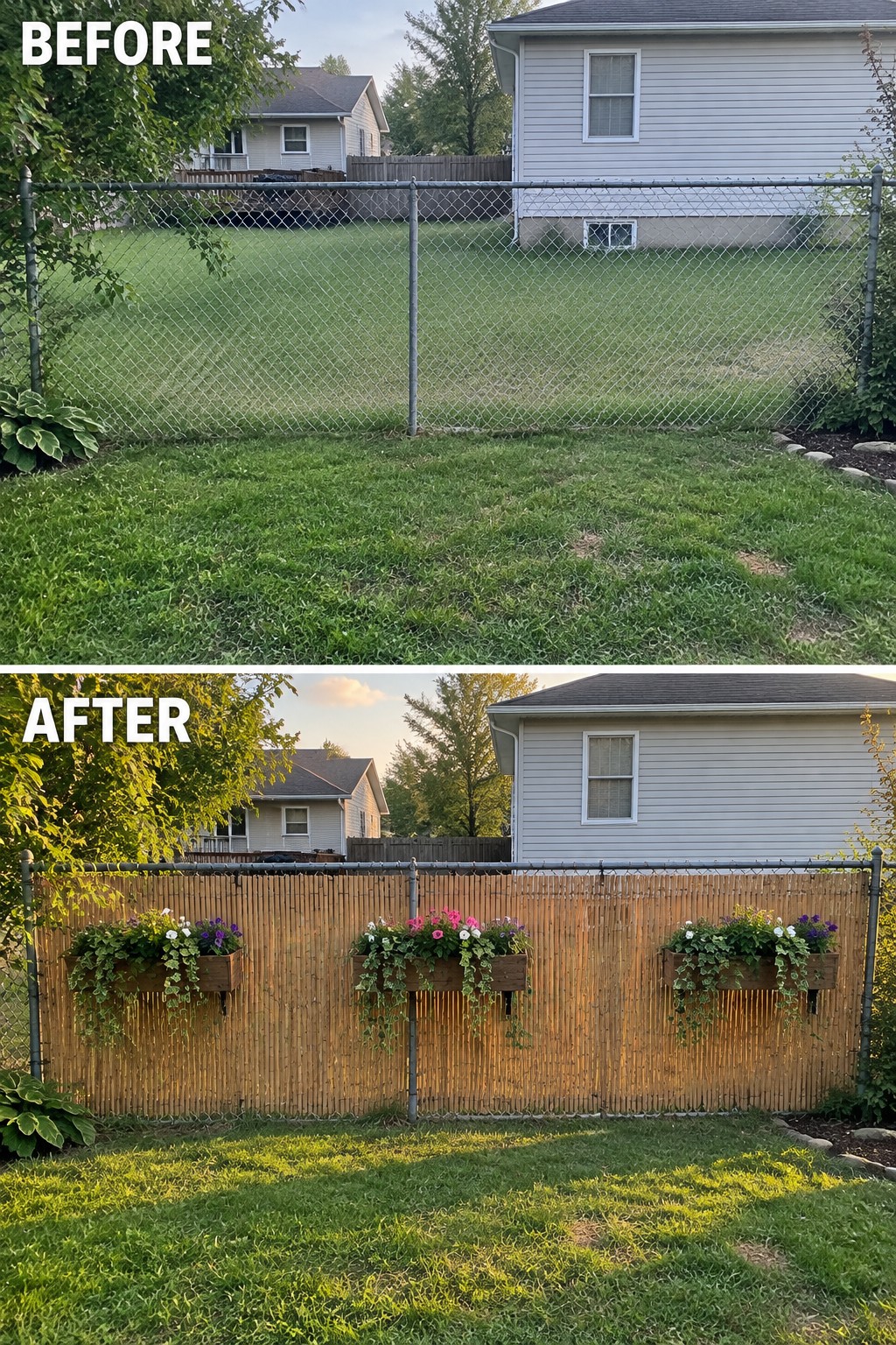 Before-and-after image of a backyard chain link fence updated with a bamboo privacy screen and colorful hanging planters.