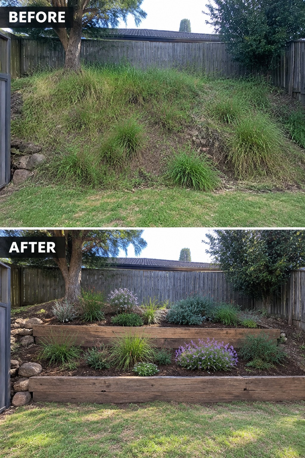 Before-and-after backyard slope transformed into terraced garden beds with wooden walls and plants.