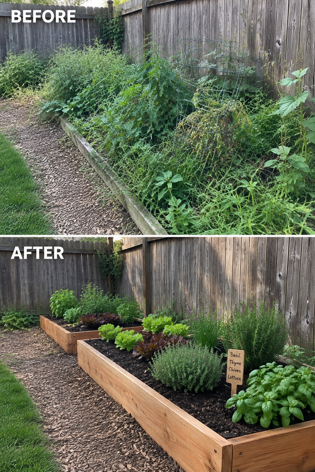 Before-and-after garden makeover with overgrown plants above and neat labeled raised beds below.