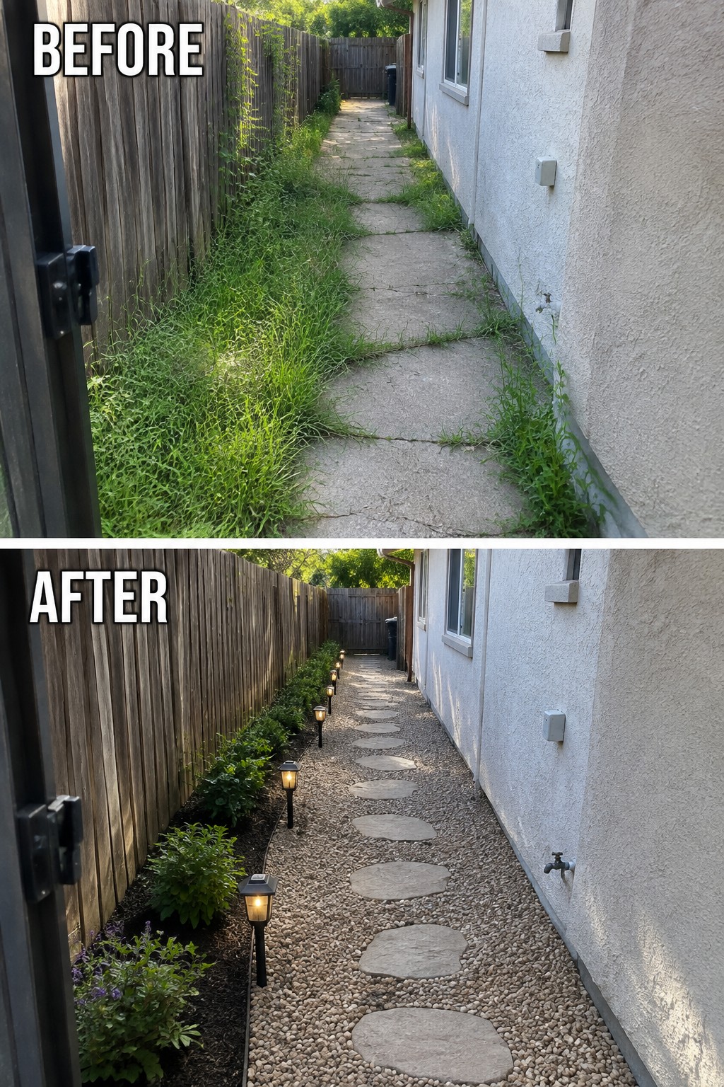 Before-after split of weedy concrete path transformed into gravel walkway with solar lights.